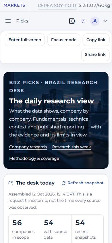 Actual BRZ Picks company research screen captured on October 12, 2026